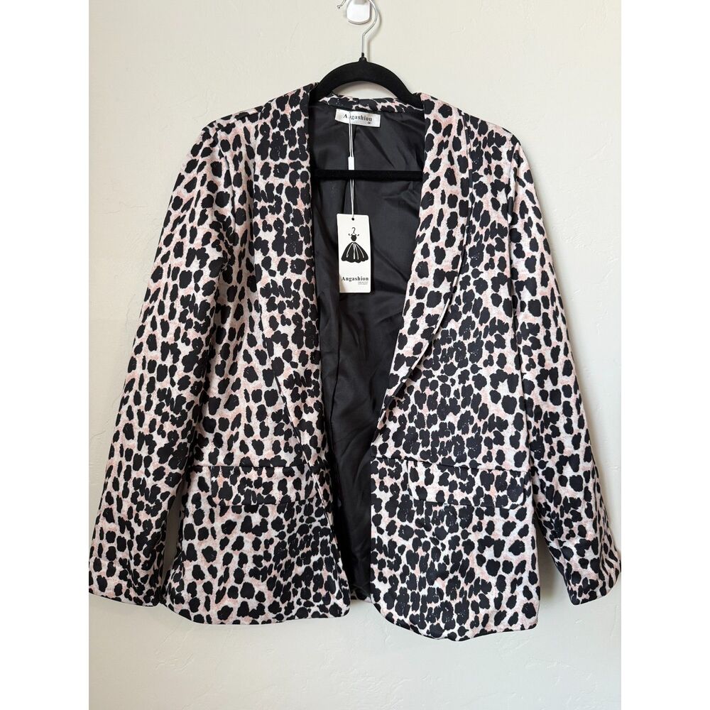 Angashion Womens Casual Long Sleeve Leopard Open Front Blazer Suit Jacket Size M